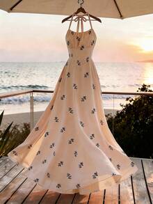 Breezaya Women's Summer Vacation Ditsy Floral Backless Tie-Front Maxi Dress, Elegant Style For Commute, Daily Wear, Summer, Party, Beach, Date, Graduation, Business Office - Apricot - View 3