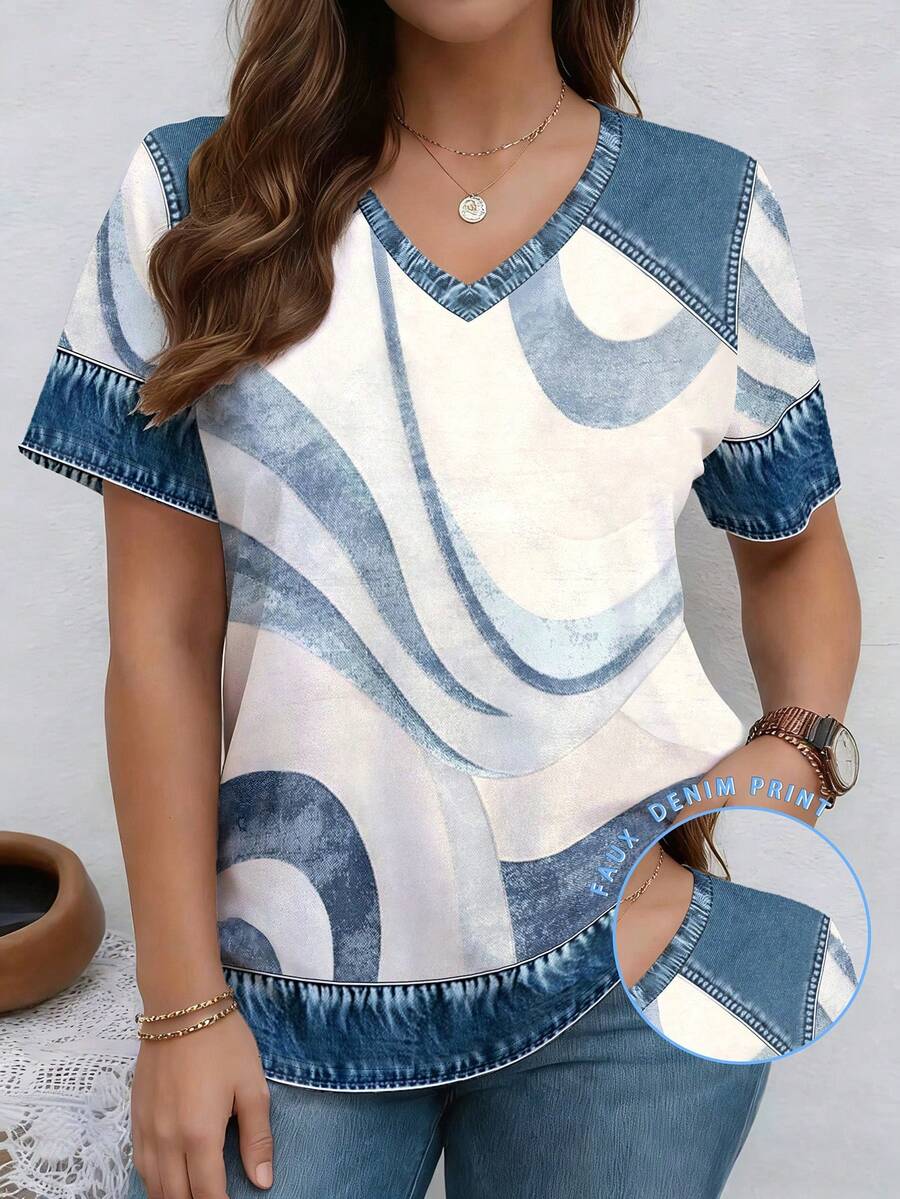 EMERY ROSE Patchwork Pattern Ribbed V-Neck Short Sleeve Casual Plus Size T-Shirt, Spring & Summer - Multicolor - View 1