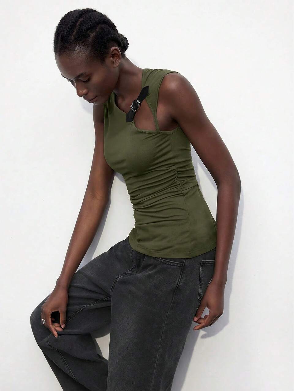 SHEIN Maija Women's Fitted Sleeveless Top With PU Leather Decoration,Olive Green Summer Chic Night Out Versatile Urban Casual Wear For Independence Day