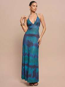 Đầm hở lưng cổ yếm in họa tiết nhuộm tie-dye thanh lịch dành cho nữ, thích hợp cho kỳ nghỉ. - Màu xanh lam - Xem 6