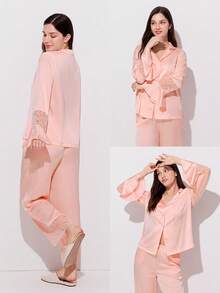 LUVLETTE 春日清新浅粉色缎面睡衣套装 - 喇叭袖上衣和蕾丝边阔腿裤，柔软舒适，适合居家休闲穿着。 - 粉色 - 查看 2
