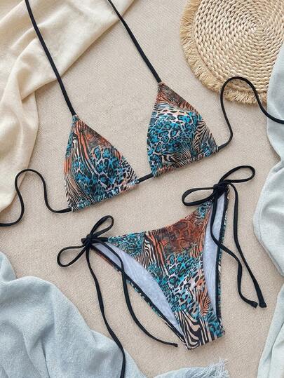 Swim Vcay Conjunto de 2 piezas de bikini de mujer con tirantes finos, espalda descubierta y lazos laterales, con estampado aleatorio de leopardo, para primavera/verano 2026