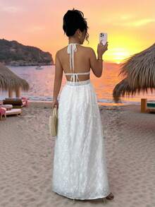 Elenzga 女士夏季新款浪漫优雅沙滩度假连衣裙，白色编织刺绣，露背系带无袖连衣裙 - 白色 - 查看 2