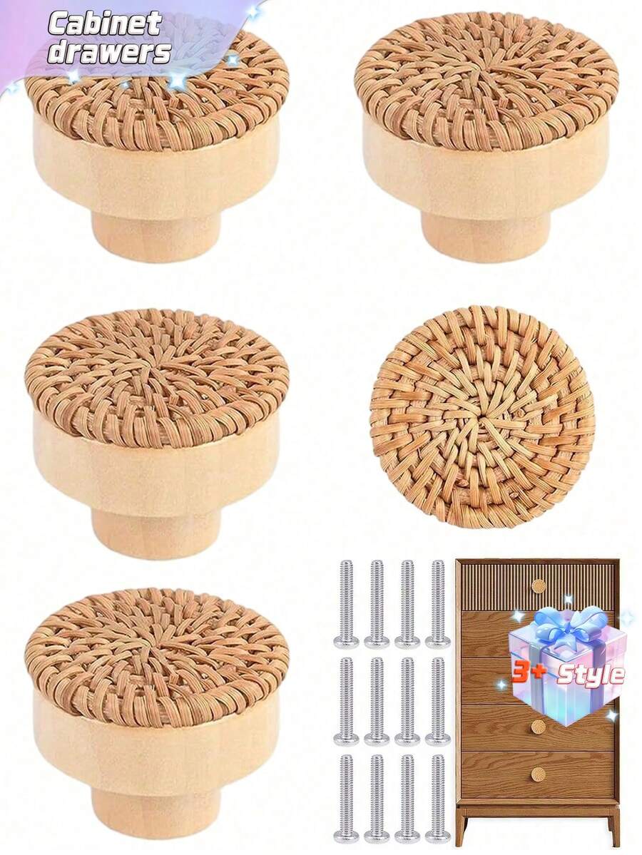 1-3pcs Rattan Drawer Knobs, 1.57inch/40mm Boho Dresser Knobs, Handmade Wood Cabinets Knobs Handles Hardware Woven Wicker Drawer Knobs With Screws For Kitchen Cabinets Dresser Pulls Furniture - Yellow - View 1