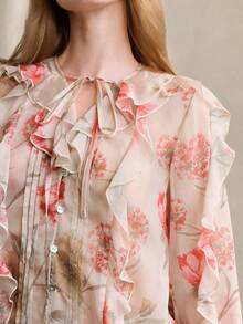 Arave Women's V-Neck Chiffon Fabric Long Sleeve Ruffle Striped Casual Blouse - Apricot - View 2