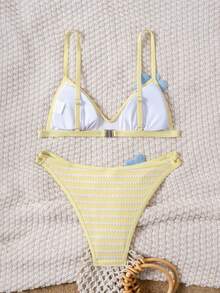 Swim Mod Women's Spaghetti Strap Fashionable Triangle Bikini Top, Summer - Yellow - View 2