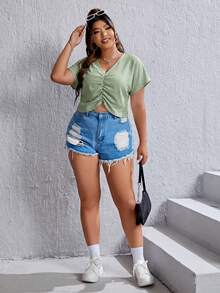 SHEIN EZwear Olive Green V-Neck Short Sleeve Blouse For Plus Size Women - Olive Green - View 4