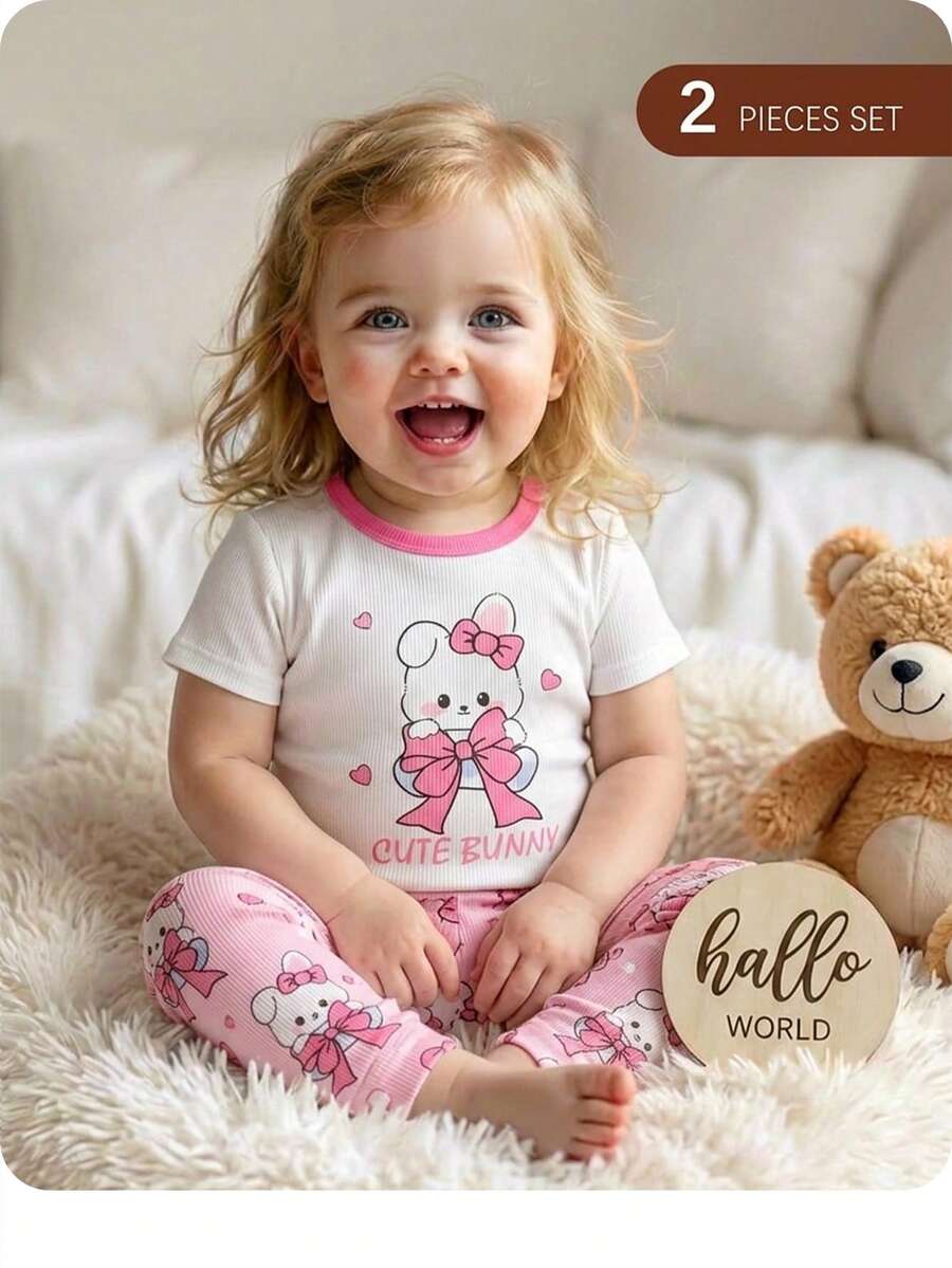 SHEIN 女婴可爱休闲针织卡通印花短袖上衣和松紧腰裤家居服套装 - 粉色 - 查看 1