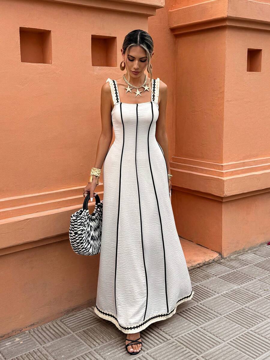 SHEIN LUNE Plus Size Women's Contrast Color Geometric Webbing Tassel Waist A-Line Casual Vacation Dress, Spring/Summer - Apricot - View 1