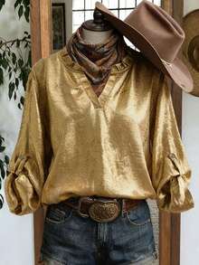 EMERY ROSE 2026 Blusa de mujer talla grande de primavera, de moda casual y versátil, con cuello dorado brillante y volantes, mangas largas con puños y escote en V pequeño, adecuada para la primavera - Dorado - Ver 3