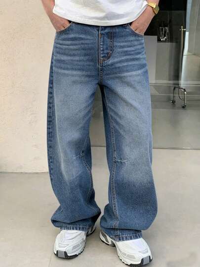 Tween Boy Soft Washed Casual Comfortable Elastic Waist Loose Straight Leg Mid-Blue Denim Jeans For Summer