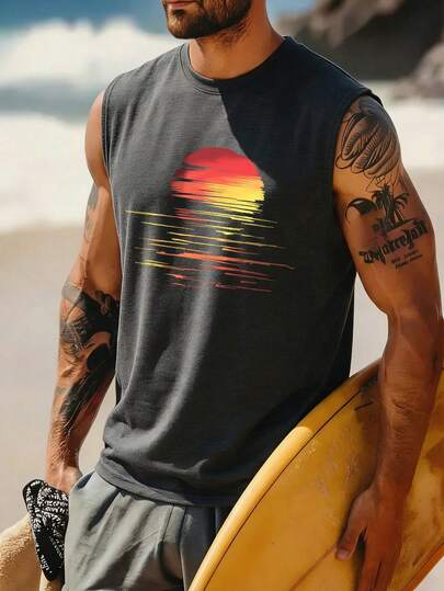 Hombre chaleco sin mangas playa vestido vacacional chaleco de cuello redondo hombre top casual