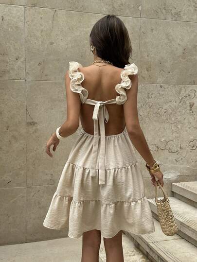 Pariaura Ruffled Sleeveless Cake Skirt Dress, Backless Bow Decor, Summer Vacation Dress