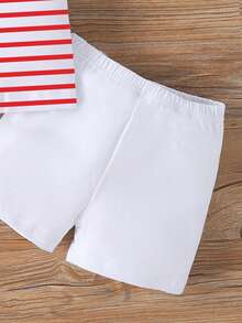 Playful Pals 2pcs/Set Baby Boy Cute Bear & Striped Print Round Neck Short Sleeve T-Shirt + Orange Shorts Set, Suitable For Outings In Summer - Multicolor - View 4