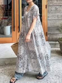 FRIFUL 女士印花V领蝙蝠袖宽松休闲长连衣裙，适合假日穿着，夏季波西米亚风度假装扮 - 藍色 - 查看 2