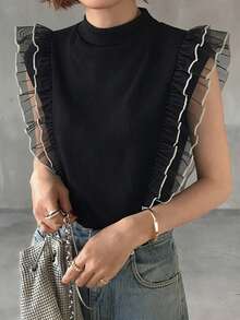 FRIFUL Women's Turtleneck Ribbed Tank Top With Mesh Ruffle Trim Sleeveless Patchwork T-Shirt Summer - Black - View 5
