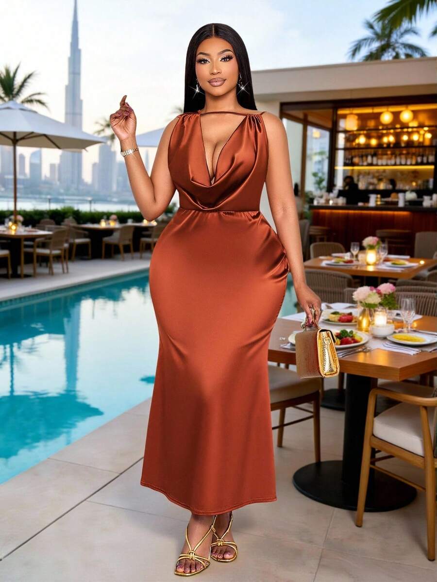 SOLERSUN Vestido largo de satén marrón elegante para mujer de talla grande, sin mangas y sin espalda, con cola de cadera, para invitada de boda, cóctel, fiesta y festival de música - Marrón - Ver 1