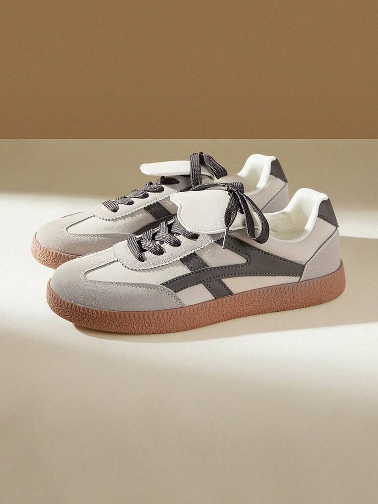 CUCCOO EASI New Gray & White Patchwork Flip-Top German Trainer Shoes For Women, Round Toe Flat Soft Bottom, Retro Flip-Top Design, Versatile Casual Sneakers For Commuting