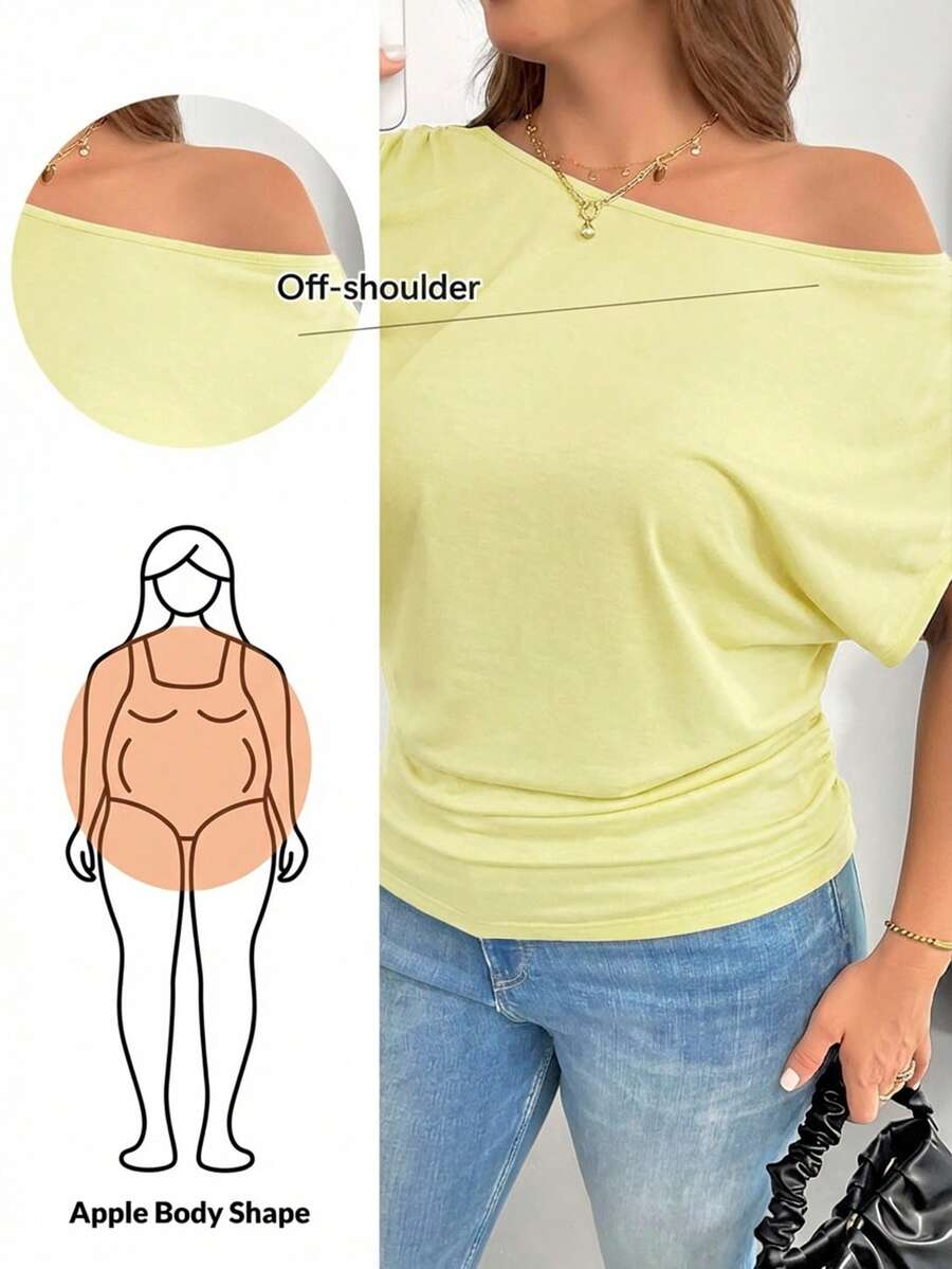 SHEIN Essnce 大码女装春夏时尚休闲宽松舒适日常百搭修身黑色露肩短袖T恤，简约风格，适合工作场合、欧洲夏季、露肩上衣、女士教堂着装、教师服装 - 淡黃色 - 查看 1
