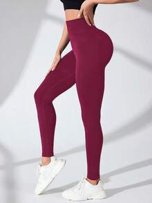 SHEIN Sports 女士纯色高腰无缝弹力运动紧身裤 - 酒紅色 - 查看 4