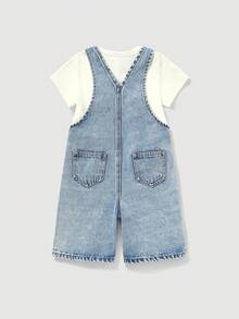 Young Boy Flame Letter Print Blue Denim Bib Shorts - Light Wash - View 2