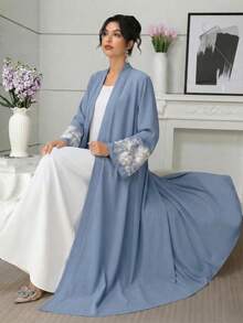 Al Najma Embroidered Beaded Long Sleeve Abaya For Women - Blue - View 3