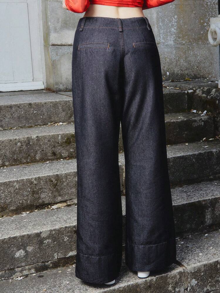 Women Seam Front Detail Dark Cotton Denim Flare Jeans Fall Office Spring Summer