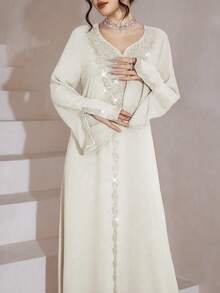 Al Najma Luxurious Embroidered & Beaded Loose Long Sleeve Split Maxi Dress, Turkish & Arabic Traditional Style - Apricot - View 6