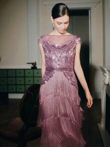 Anewsta Vestido de mujer de estilo bohemio de alta gama con parches, flecos y cuentas - Rosa vieja - Ver 4