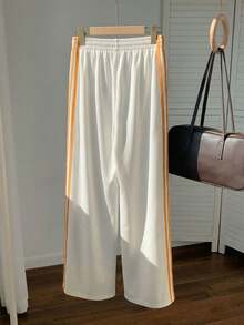 Comfortcana 女士休闲通勤上学运动弹力腰白色撞色条纹侧边宽松阔腿运动裤，春夏款 - 白色 - 查看 2