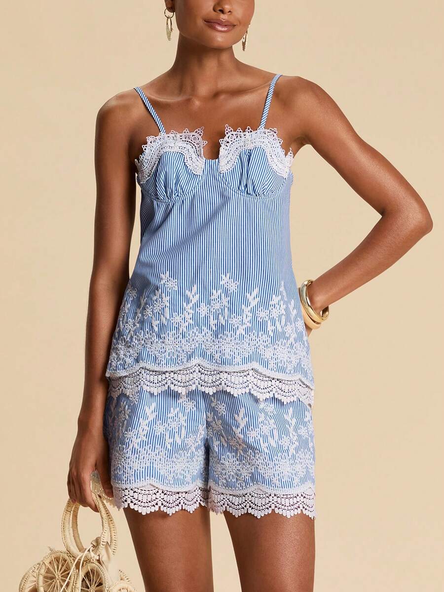 Travachic Women's 2026 New Summer Beach Vacation Striped Print Embroidered Contrast Lace Camisole And Shorts Set - Blue and White - View 1