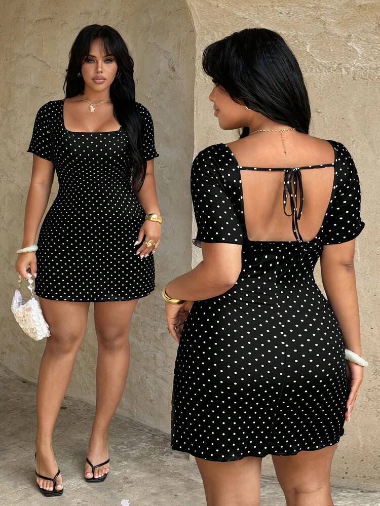 Vestido mini ajustado de manga corta con estampado de lunares negros para mujer de talla grande, diseño con lazo en la espalda, vestido romántico, atuendo de fiesta, elegante, estilo negro chic, vestido de primavera a la moda, estilo escolar, vestido de verano, diseño gótico, vestido de vacaciones, festival de música, tirantes finos para primavera/verano, ropa de primavera/verano + Coachella/Festival de música/Fiesta - Multicolor - Añade 1