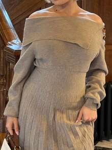 Bethéva 女士休闲斜肩褶皱毛衣裙 - 灰色 - 查看 3