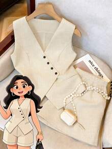 GlowEve CURVE 大码女装两件套 - 无袖纽扣背心和短裤套装，适合通勤和户外活动 - 杏色 - 查看 1