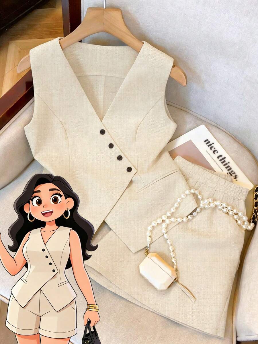 GlowEve CURVE 大码女装两件套 - 无袖纽扣背心和短裤套装，适合通勤和户外活动 - 杏色 - 查看 1