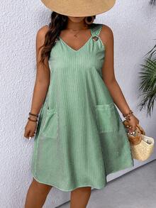 Elenzga Abito casual a righe senza maniche per donne taglie forti, set di abbigliamento da vacanza, abiti estivi da donna, abiti da spiaggia da donna, completi estivi casual da donna - Verde Scuro - Visualizzare 3