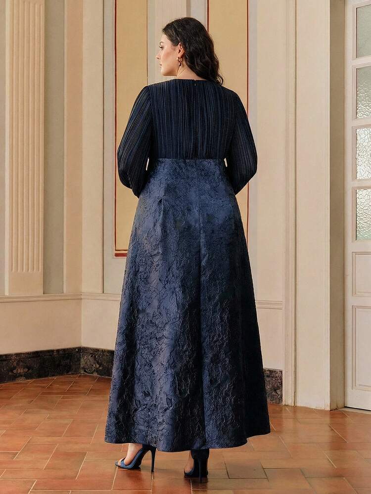 Plus Size Women's Jacquard Chiffon Pleated Collar Beaded Dress