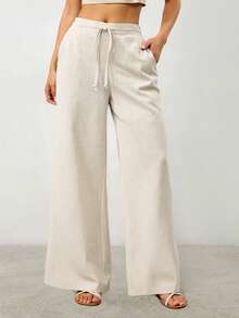 SHEIN PETITE 女士纯色亚麻系带阔腿口袋纹理通勤裤复古风格亚麻裤宽松夏季女装沙滩度假装女裤 - 杏色 - 查看 8