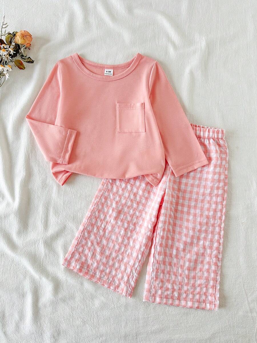 SHEIN Vintaside Kids 两件套女婴休闲百搭纯色长袖口袋上衣和格子图案长裤套装,适合春、秋、冬日常穿着 - 粉色 - 查看 1