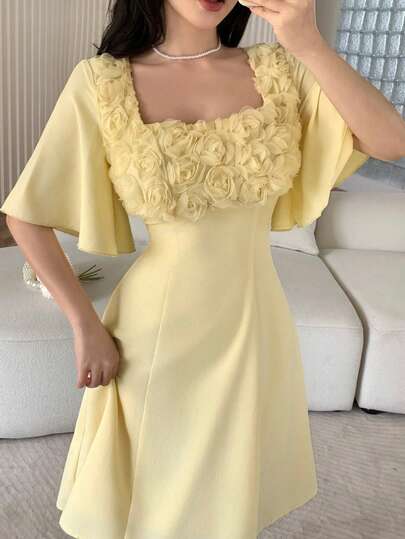 Modelyn Vestido elegante de vacaciones corto con mangas de murciélago y parches florales de verano