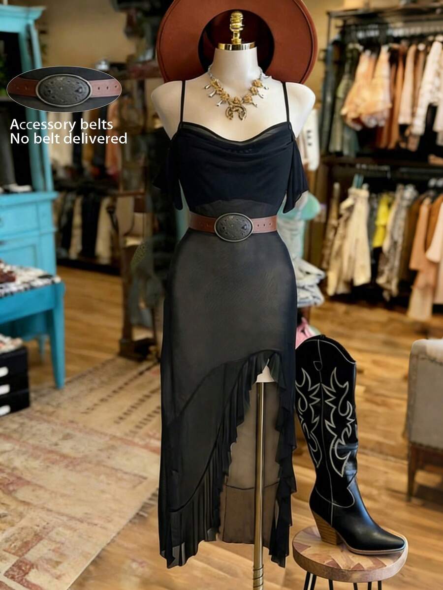 NostaNoir 新款吊带修身无袖网纱紧身中长连衣裙 - 黑色 - 查看 1