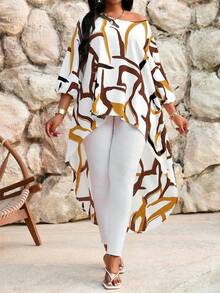 SHEIN Lady 春夏优雅通勤办公休闲波西米亚风彩色编织圆领高低袖七分袖大码T恤 大码衬衫 - 彩色 - 查看 4