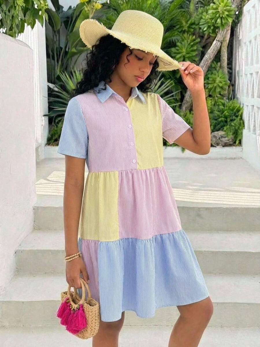 SHEIN 少女彩色拼接条纹衬衫裙，娃娃裙，撞色宽松休闲连衣裙，适合日常穿着、外出和上学的可爱连衣裙 - 彩色 - 查看 1