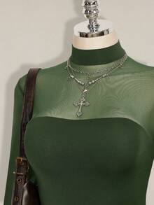 SHEIN ICON Plus Size Y2K Sexy Mesh Patchwork Bodysuit - Green - View 8