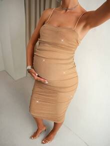 MaterniChic Elegant Maternity Champagne Summer Pregnant Women's Shiny Pleated Fitted Dress Luxury Party Photoshoot Formal Wedding Baby Shower - Khaki - View 4