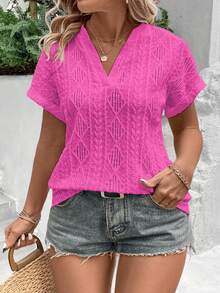 EMERY ROSE Fashionable Casual Basic Textured Fuchsia Argyle Embroidered Plus Size T-Shirt - Hot Pink - View 4