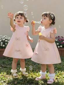Young Girl Solid Color Satin Dress With Bow Print, Young Girls Blush Pink Summer Flower Girl Formal Elegant Princess Frocks, Ruffle Strap Casual Dress - Baby Pink - View 2