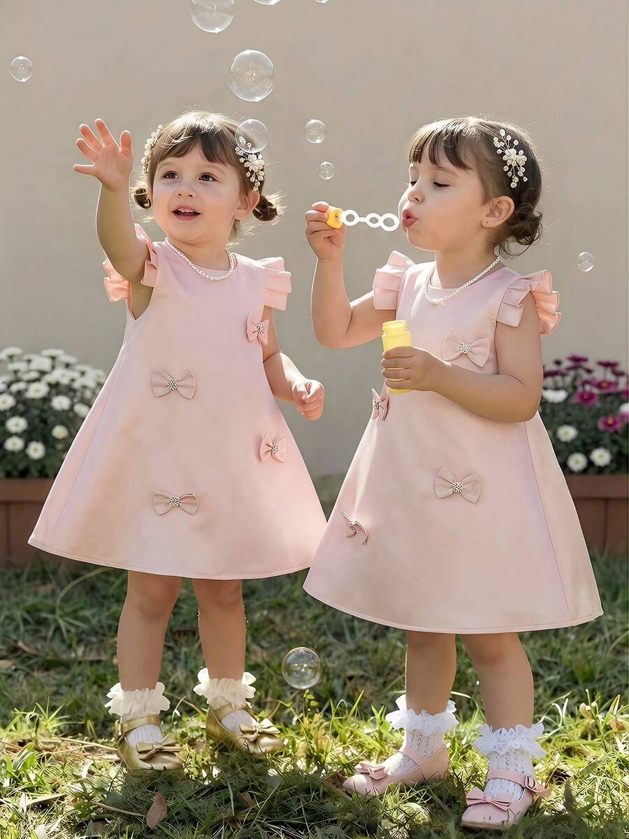 Young Girl Solid Color Satin Dress With Bow Print, Young Girls Blush Pink Summer Flower Girl Formal Elegant Princess Frocks, Ruffle Strap Casual Dress