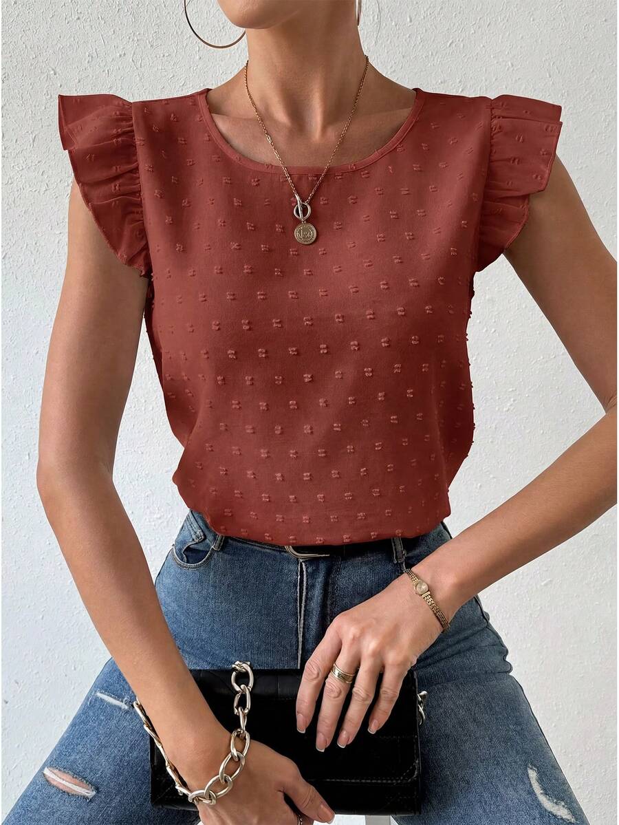 Breezaya Ruffle Collar Solid Color Loose Casual Elegant Blouse For Summer Office Work Rust Brown - Orange - View 1