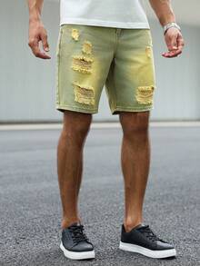 Manfinity Homme Men's Casual Washed Distressed Denim Shorts Distressed Denim Shorts Men - Army Green - View 5